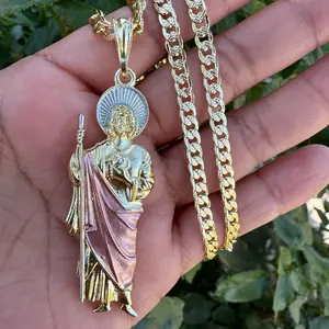 Tricolor St Jude Cuban Necklace with Elegant Design, Gold Chain, and Central Pendant