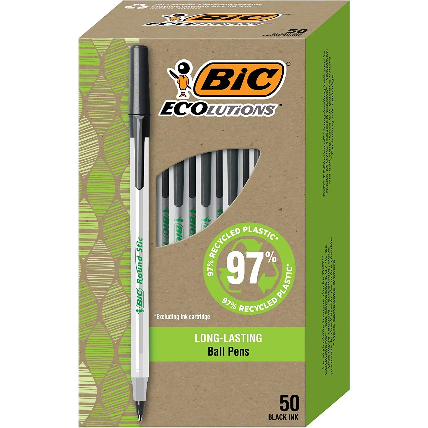 BIC Ecolutions Classic Slender Round Stic 1.0 mm Ballpoint Pens, Medium Point, 50 Count (Pack of 1), Black Ink, 97% Recycled Plastic Construction, Clip-to-Hook Design