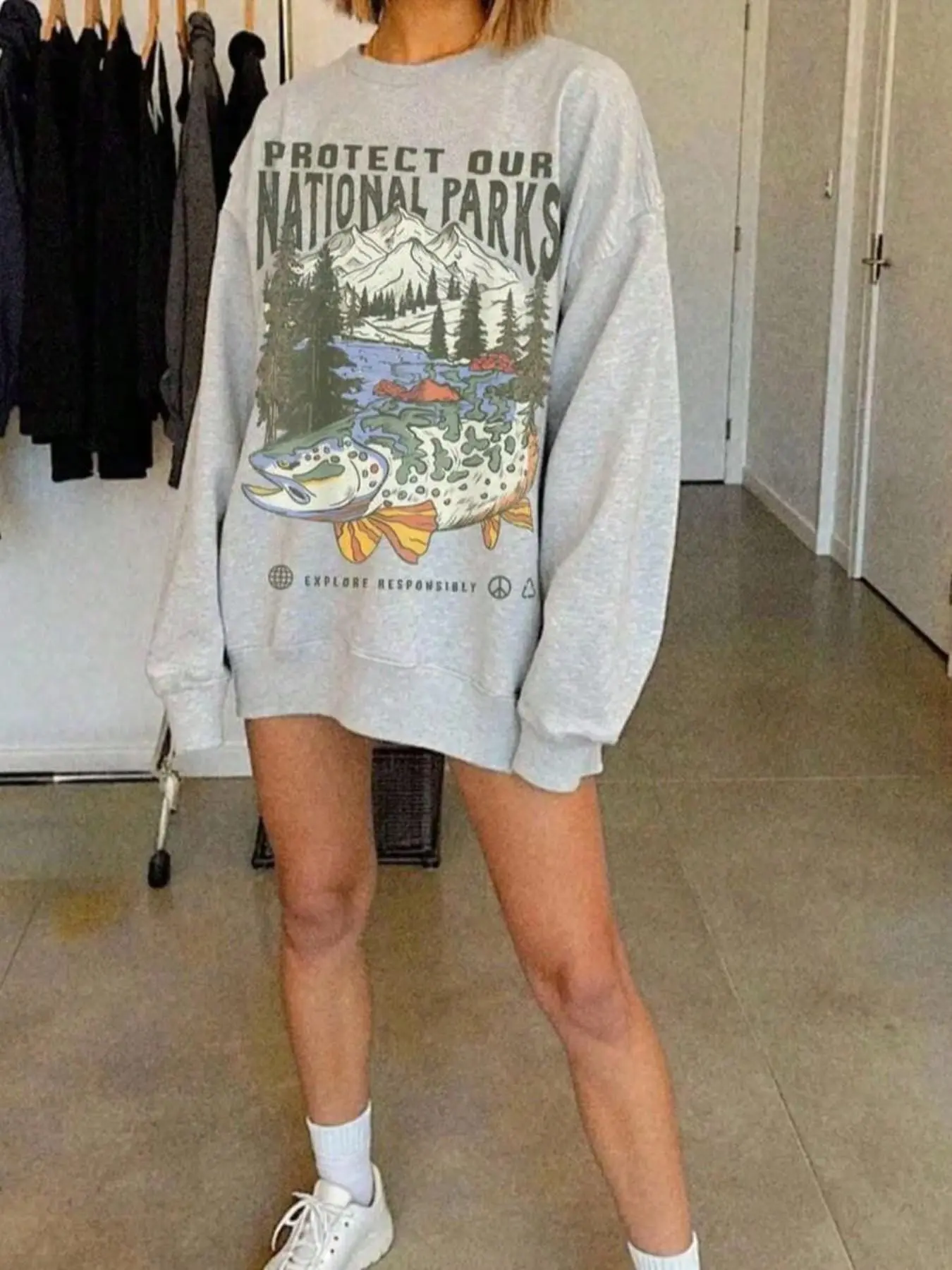 Oversized Protect Our National Parks Graphic Crewneck Sweatshirt | Vintage Outdoor Nature Fishing Aesthetic Y2K Clothing | Soft Cotton Casual Streetwear for Hiking Camping Adventure | Trout Mountain River Print Loose Fit Pullover Top for Women Teens Trend