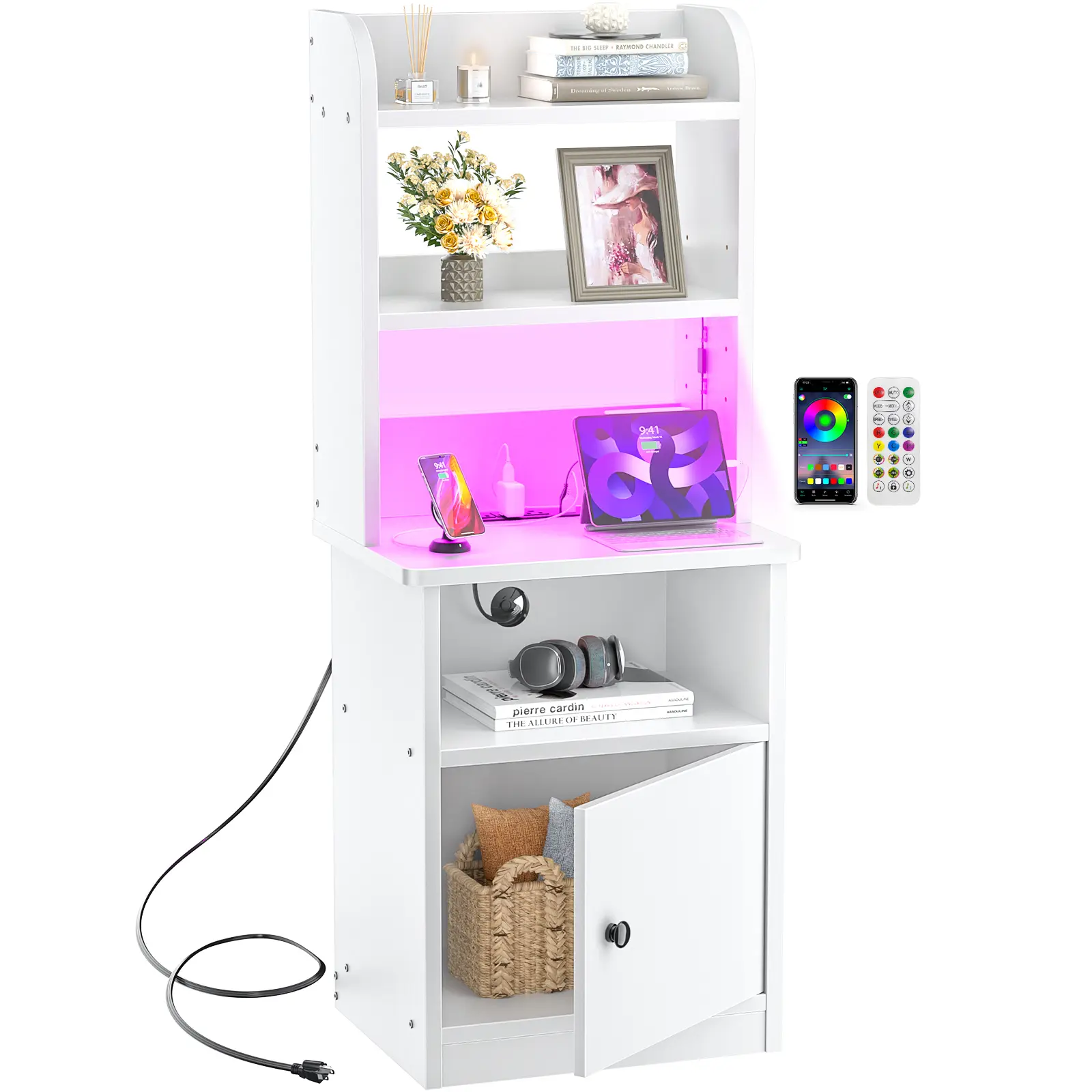 Tall Nightstand with Charging Station and LED Lights - 47" Tall Bedside Table with Adjustable Bookshelf, Industrial End Side Tables with Storage Cabinet for Home Office, White