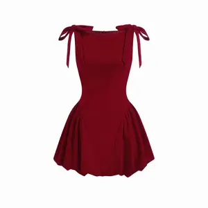 Cider Velvet Boat Neck Bowknot Bubble Hem Mini Dress