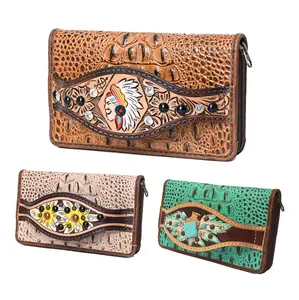 American Darling Clutch Crocodile Embossed Hand Tooled Genuine Leather Western Women Bag | Handbag Purse Wristlet Travel