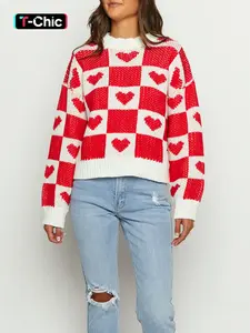 Women's Valentine's Day Heart Knit Sweater Long Sleeve Round Neck Pullover Top, Casual Fashion
