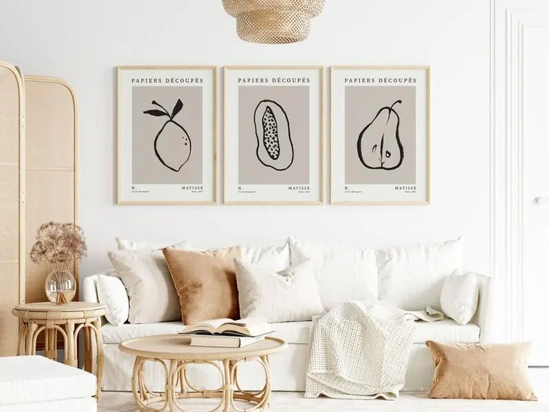 Set of 3 Matisse Poster, Matisse Beige Print Set Of 3, Matisse Fruit Poster, Minimalist Matisse Poster, One Line Matisse Print