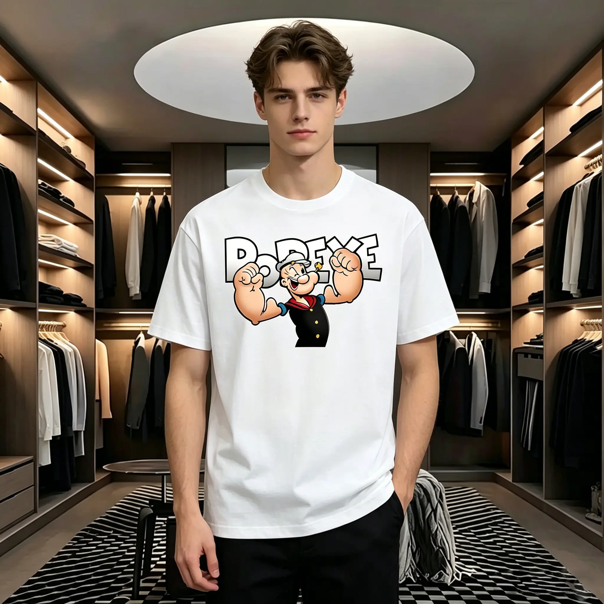Men's Popeye Print T-Shirt, Casual Versatile Round Neck Short Sleeve Summer Style in 100% Cotton Knit, M