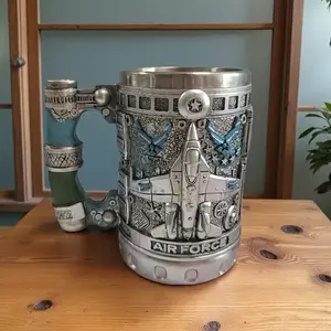 [Vintage Military Mug] Vintage Military-Themed Stainless Steel Mug |   Air Force Helicopter Design, Blue & White Reusable Hand Wash Only Perfect for Aviation Enthusiasts Coffee Bar Accessories Drinkware Cup Tumbler Flasks Bottled Bottles Portable Bottles