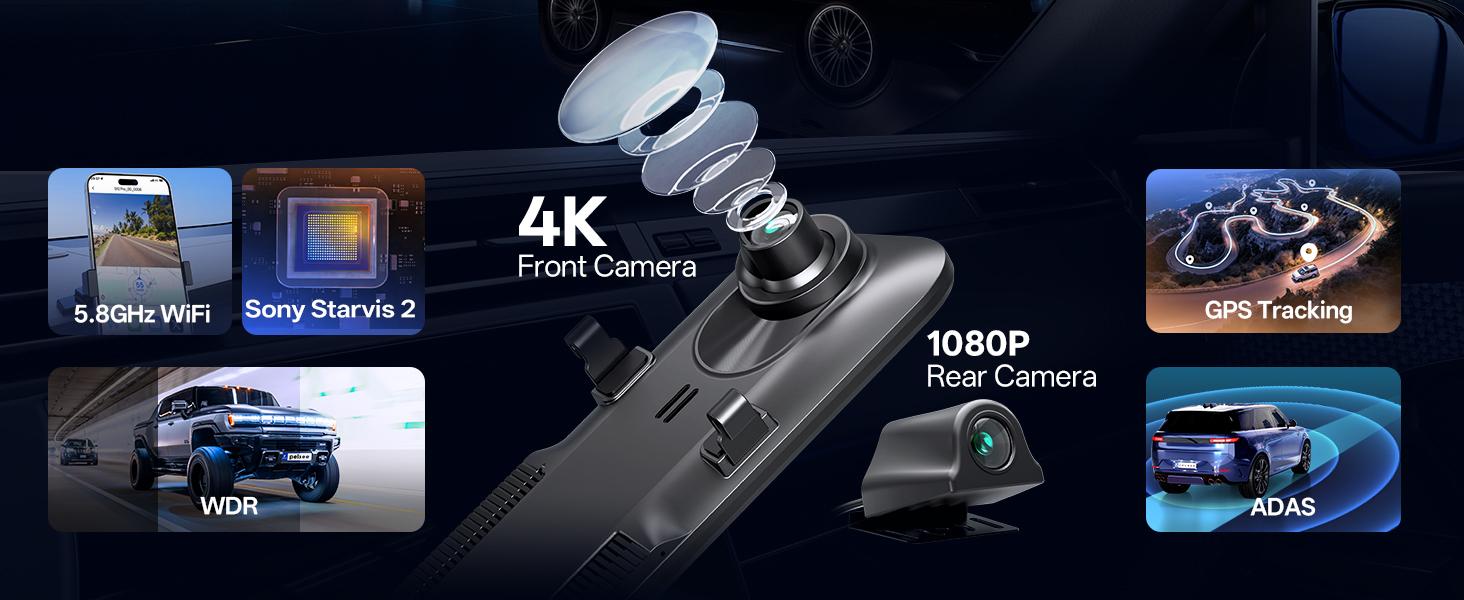 Pelsee S12 Pro Mirror Dash Cam with STARVIS 2 Sensor, Rear View Mirror Camera 5.8GHz WiFi, 4K Front and 1080P Rear Backup Camera for Car, ADAS &BSD, Voice Control, Color Night Vision, 64G Meomory Card