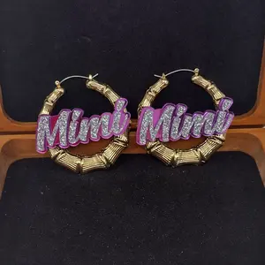 Custom Name Gold Bamboo Hoop Earrings with Personalized Text and Background – Customizable Statement Jewelry for Women, Girls, Teens – Bling Hip Hop Style, Trendy Fashion Accessory, Birthday Gift, Christmas Gift, Custom Gold Name Earrings
