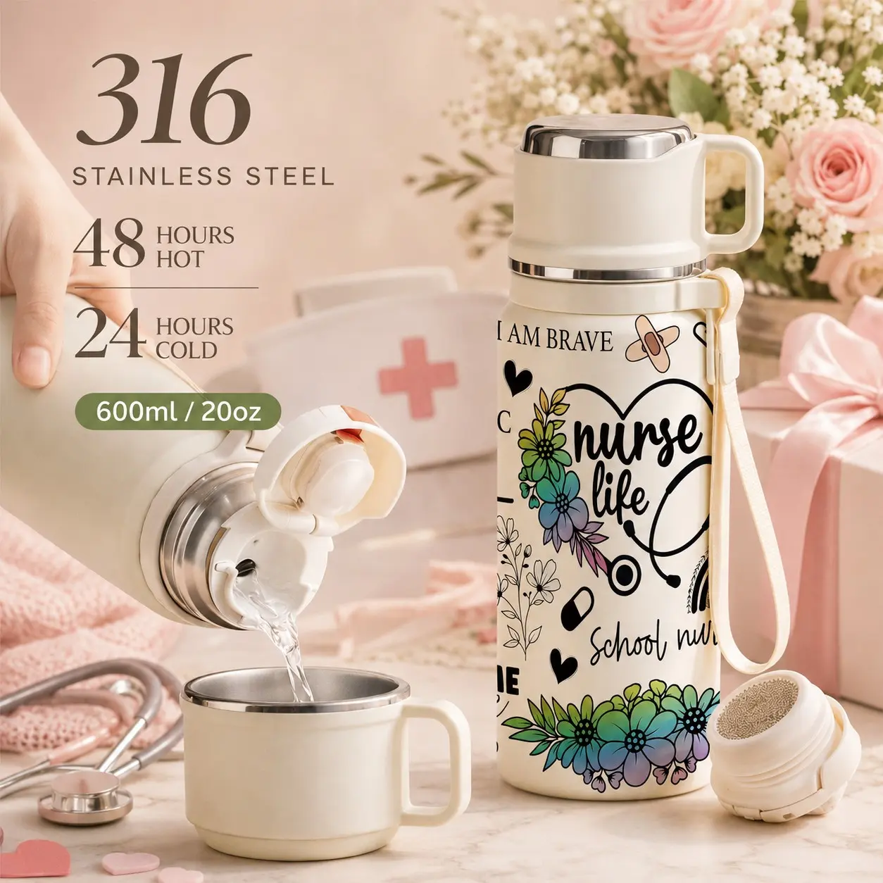 1 Pc 600ml Nurse Life, Brave Nurse Insulated Mug, Stainless Steel, Double Wall, Leak-Proof Design, Keeps Hot Drinks Warm For 12 Hours And Cold Drinks Cold For 24 Hours, Nurse Gift, Vacuum Cup For Daily Use, Office, Travel, Outdoor Activities