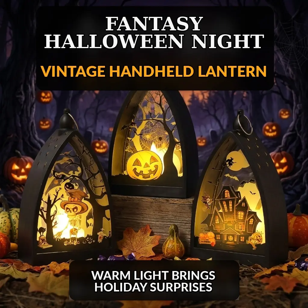 Vintage Halloween Handheld Lantern, Warm Light Haunted House Pumpkin Skeleton Witch Decorative Lamp for Indoor Tabletop Porch Party Decor
