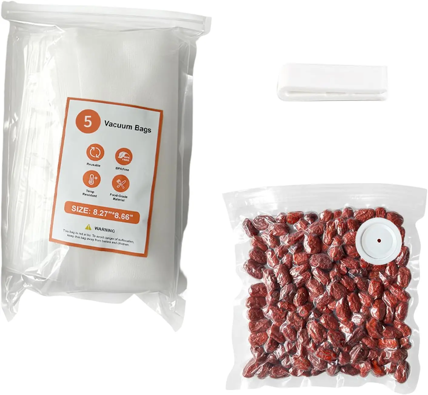 Vacuum Storage Bags Set, 5 Reusable BPA-Free Medium Food Vacuum Sealer Bags (8.26"x8.66"), Triple-Seal Leak-Resistant Design, Includes 1 Sealing Clip
