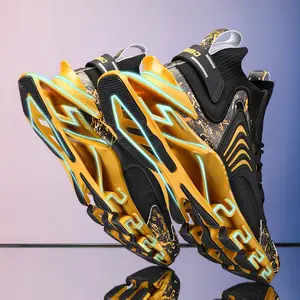Trendy Blade Mecha Sneakers for Men, Black Gold Splatter Print High Top Sock Sneakers, Breathable Platform Dad Shoes, Cushioned Elevator Casual Shoes | Made in China