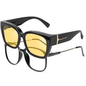 Black Fit Over Driving Sunglasses Yellow Lens, Polarized UV400 Oversized Sunglasses for Women Men, Wear Over Prescription Glasses, Anti Glare Night Vision Shades