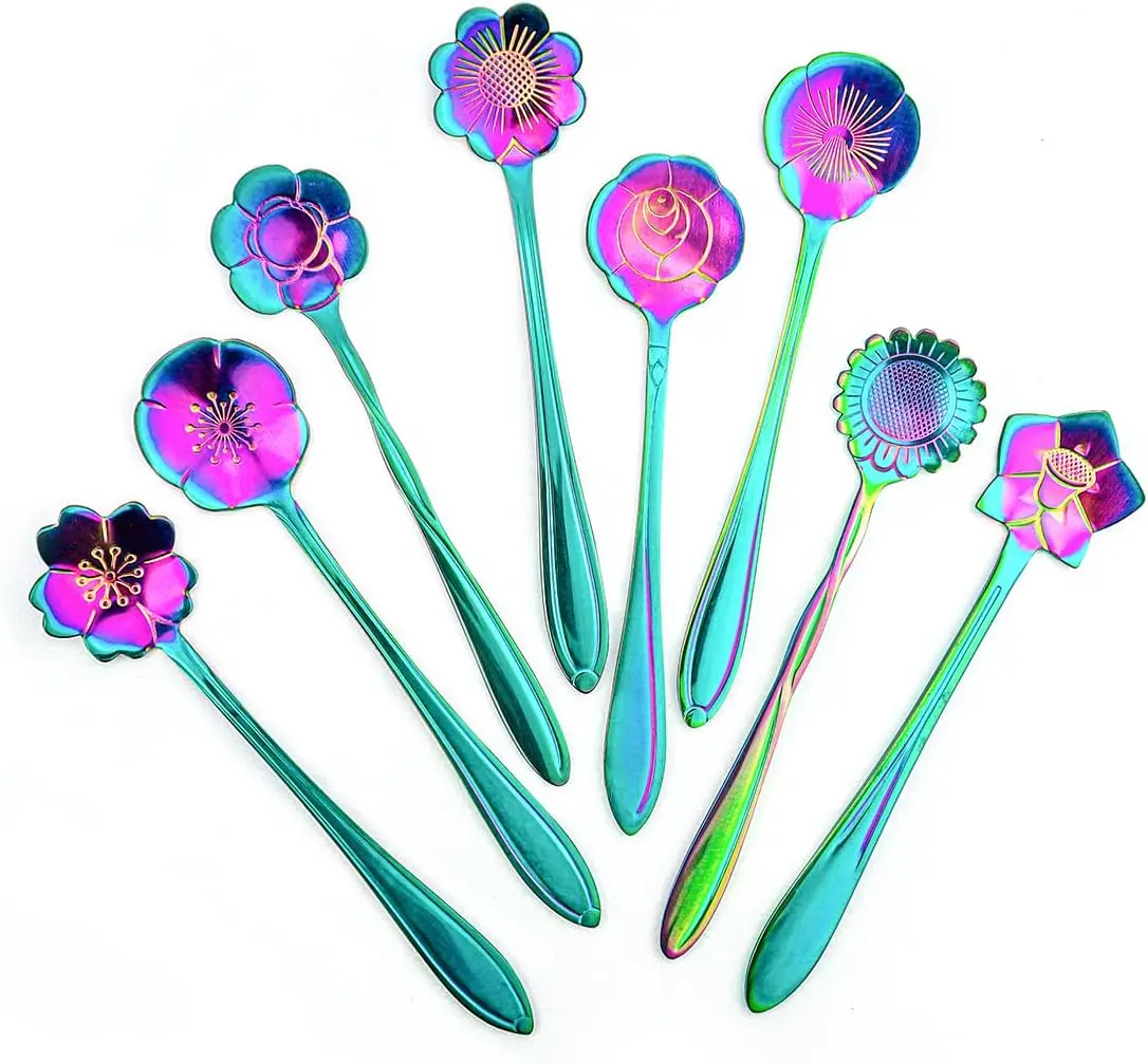 8 count Rainbow Flower Spoon Coffee Teaspoon Set, Stainless Steel  Cute  Spoon for Drink Mixing Milkshake Jam, 8 Different Patterns
