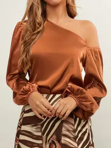 Women's New Wrinkled Fitted Long Sleeve Top Shirts, High-End Asymmetrical Shoulder Design, Stylish Ladies' Blouse for Casual Wear Womenswear