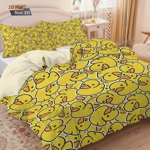 3pcs Cartoon Ducks Pattern Duvet Cover Set, 2D Flat Print, Includes 1 Duvet Cover & 2 Pillowcases, Excludes Duvet and Pillow Inserts, Suitable for Bedrooms, Hotels, School Dormitories, Bed Sets, Bed Sets Supplies