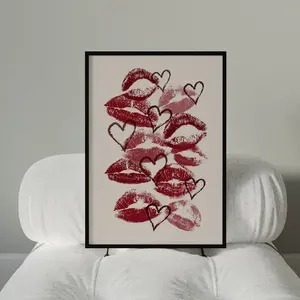 Coquette Kisses With Hearts Poster, Y2k Grunge Poster, Girl Room Decor, Fun Preppy Wall Art, Poster Prints No Framed, Gifts For Girl, Wall Decoration, Aesthetic Wall Decor, Gifts For Valentine's Day Birthday