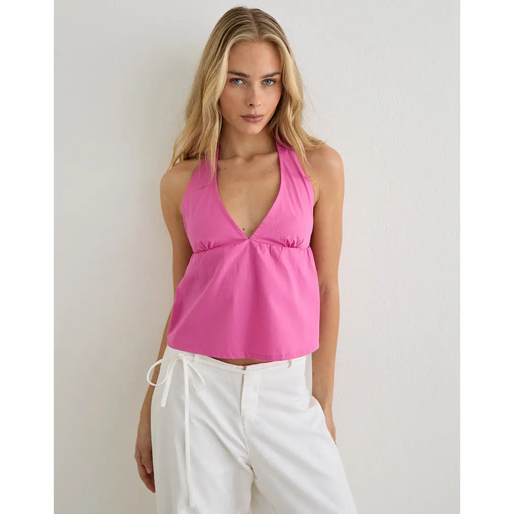 Motelrocks Eldana Women's Babydoll Top - Solid Pink Rose Poplin Fabric, Sleeveless Halterneck, Deep V-Neck, Floaty Hem