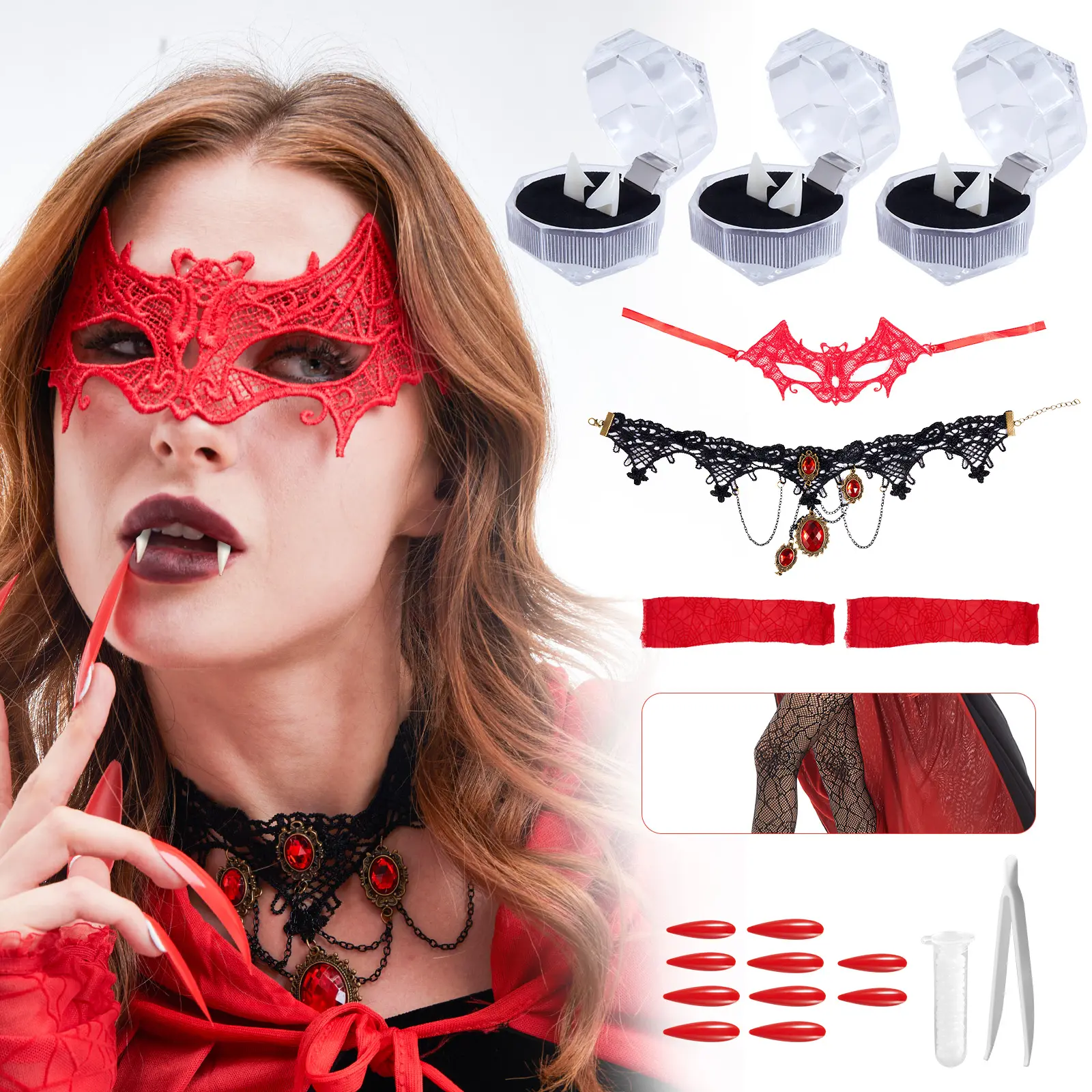 Phestival Vampire Teeth for Adults - [18 in 1 Pack] Multi-Size Resin Vampire Fangs Set with Premium Accessories for Halloween and Cosplay
