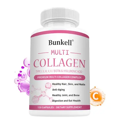 Bunkell Multiple Collagen Complex - Types I, II, III, V, and X, containing biotin and hyaluronic acid to support healthy skin. 120 Capsules