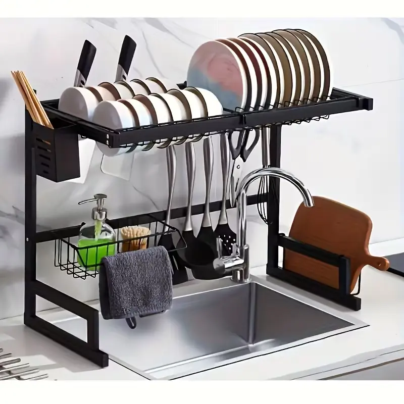 Black Adjustable Rectangle Stainless Steel Above-the-Sink Dish Rack, Large-Capacity Organiser with Cutlery & Kitchen Utensil Storage Compartments, Home Organization Kitchen Shelf