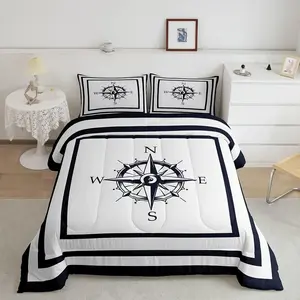 Compass Luxury Bedding Set,Nautical Themed Designer Comforter Set,Decor Ocean Coastal Comforter,Breathable Lightweight Microfiber Comfortable Bedding