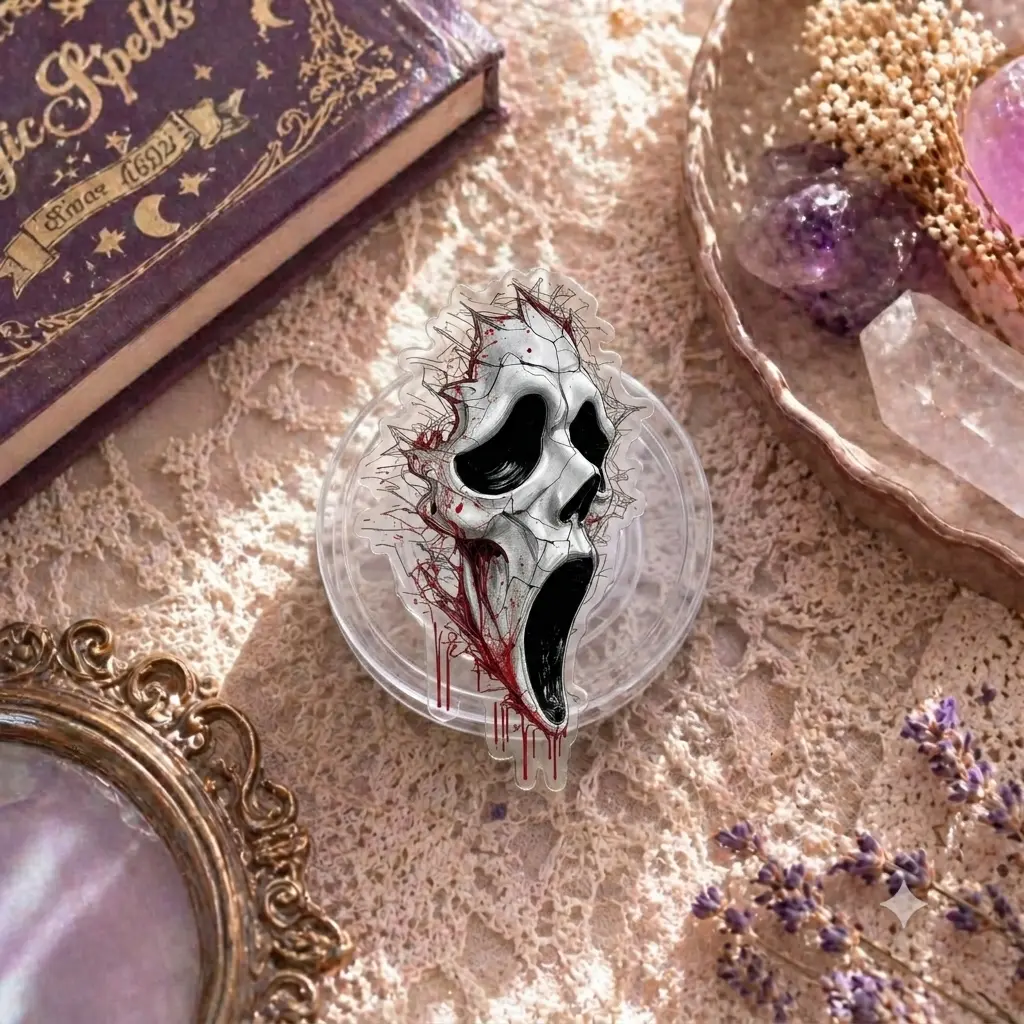 Horror Movie Mask Phone Grip Holder Ghostface Inspired Collapsible Stand for Spooky Decor and Horror Fans