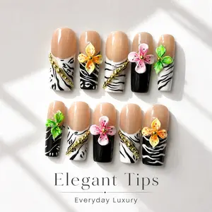 Press On Nails Medium Coffin 10 Pieces, Zebra Print French Tips with 3D Flower Charms and Gold Bead Chain Decorations, Designer Style Artificial Fake Nails for Women