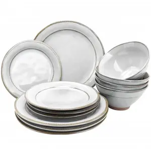 212 MAIN Gibson Terranea Artisanal Hand-Painted Stoneware Tableware Set, 12-Piece White Dinnerware Set for 4, Ideal for Everyday Use