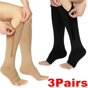 15-20 mmHg Zipper Compression Socks Women & Men - 3 Pairs Calf Knee High Open Toe Compression Stocking suit for Walking Athletic Cycling