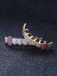 Pink pointed teeth braces, full zircon hip-hop braces set, Rap, unisex, street casual style, birthday gift, Tooth Gems