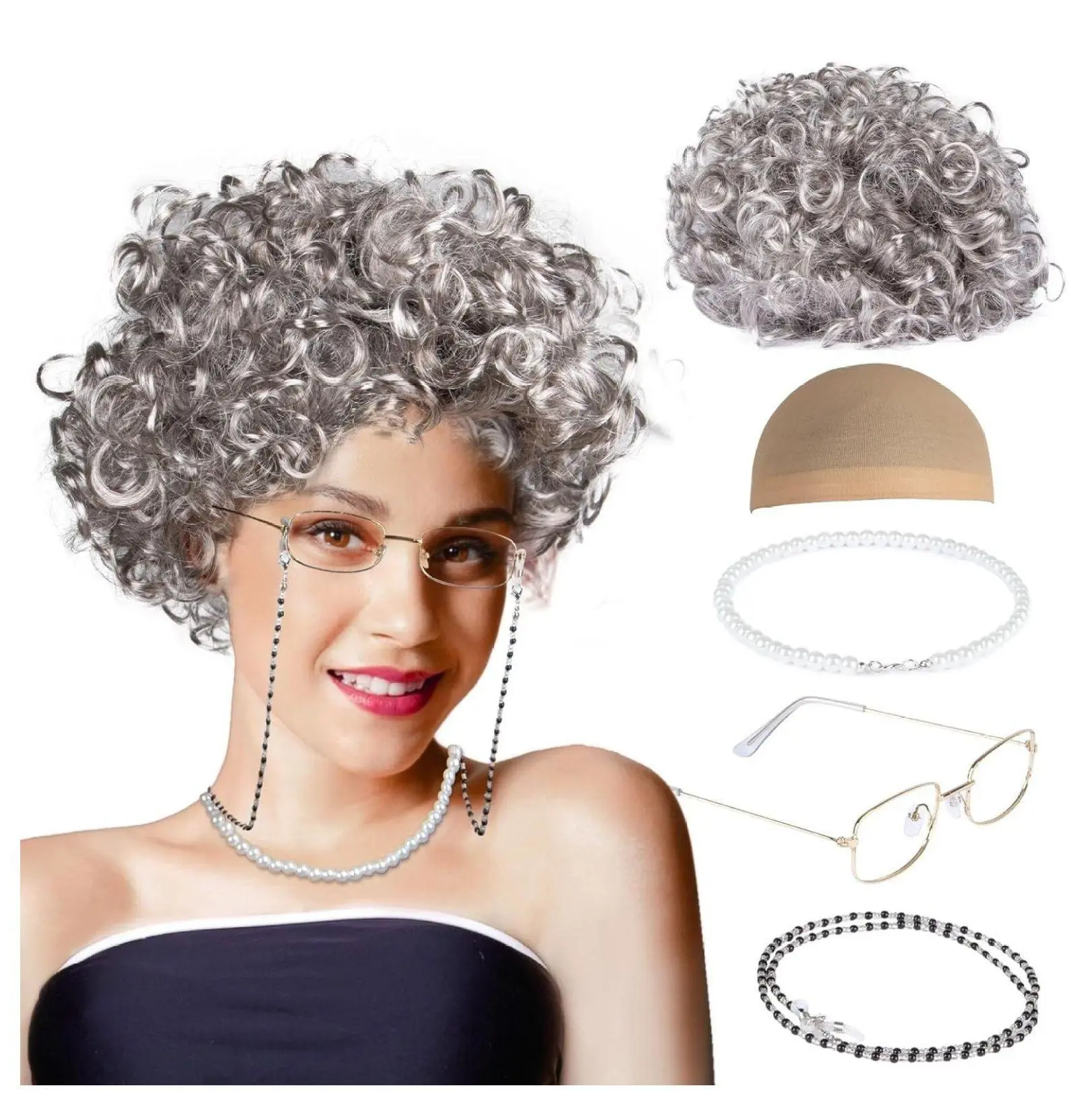 MAQIHAN Classic Granny Dog/Cat Costume Set - Synthetic Fibers, Realistic Look, Light Gray Wig, Lightweight Frames Glasses, Pearl Necklace - Pet Cosplay Accessory for Halloween, Parties