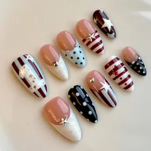 milo.nail&care Vintage Star Stripe Press-On Nails, Red White Blue Mixed Pattern Design, Glossy Almond Shape, Americana Holiday Inspired Handmade Nail Art Set