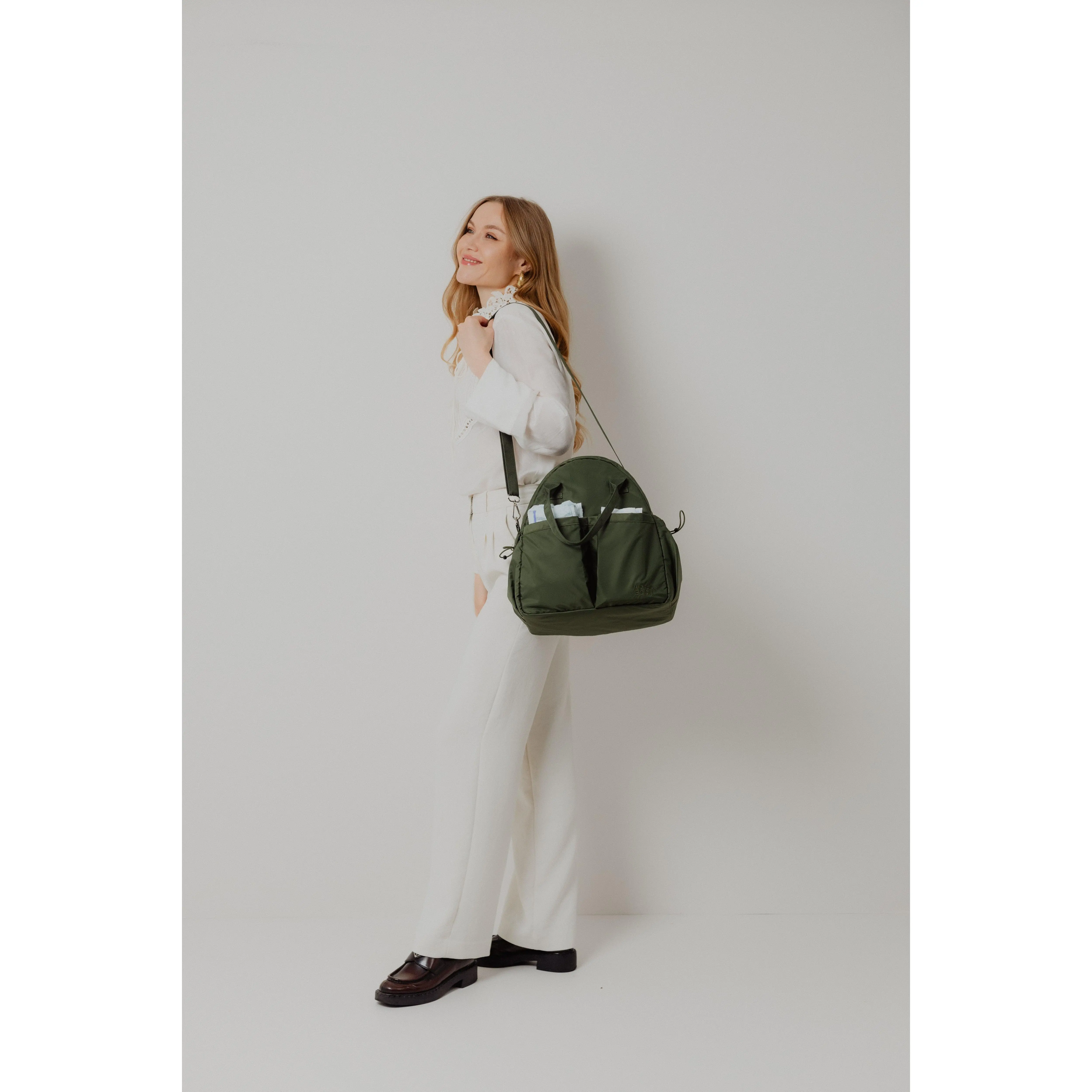 Kiplie Baby Green Nylon Mommy Bag - Multipocket Diaper Tote with Crossbody Strap, Essential Baby & Maternity Travel Gear Companion for Parents, Diaper Purse, Carry Handle, Insulated, Wipe Clean, Basic, Removable & Washable, Multiple Pockets