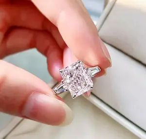 Women's Platinum-Plated Metal Band Square Pink CZ Ring, Casual Fashion Accessory, Sweet Romantic Bridal Engagement Wedding Costume Jewelry