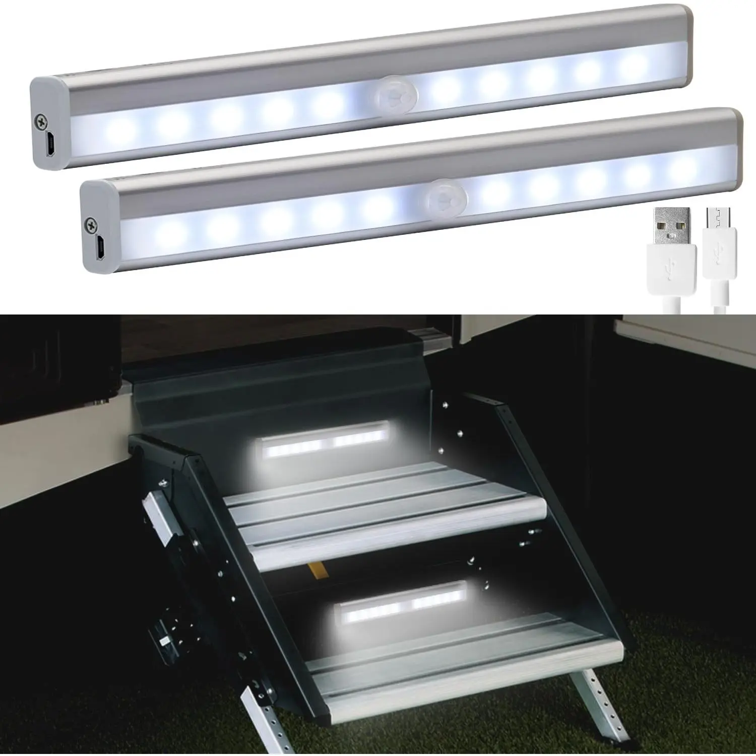 Motion Activated RV Step Lights, 10 LED USB Rechargeable RV Motion Sensor Led Light Strip, Wireless Magnetic Camper Step Lights Bar for Motorhome Travel,Travel Trailers, Camper (2 Pack)