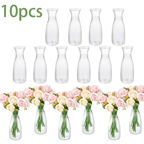 Striped Plastic Vase Set, 10 Transparent Bouquet Containers, Ideal for Coffee Tables and Weddings, Decorative Flower Vase, Modern Plant Vase, Plastic Vases for Flowers, Home Decor Accessories