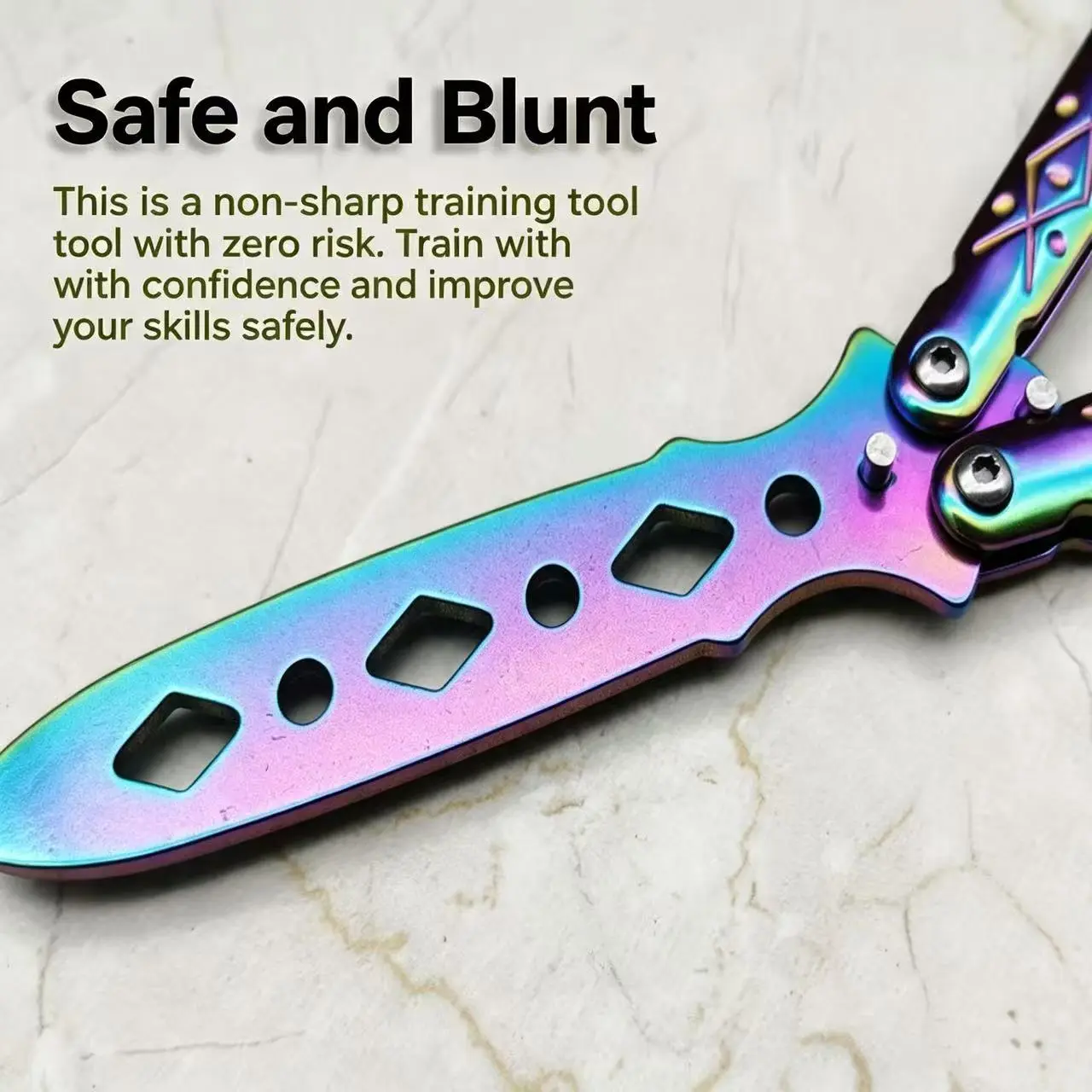 Blunt Steel Butterfly Training Knife with Rainbow Finish, Unsharpened Balisong Practice Blade, Balanced 110g Weight for Skill Practice, Cool EDC Tool for Teenage Boy Gifts, Balanced Grip