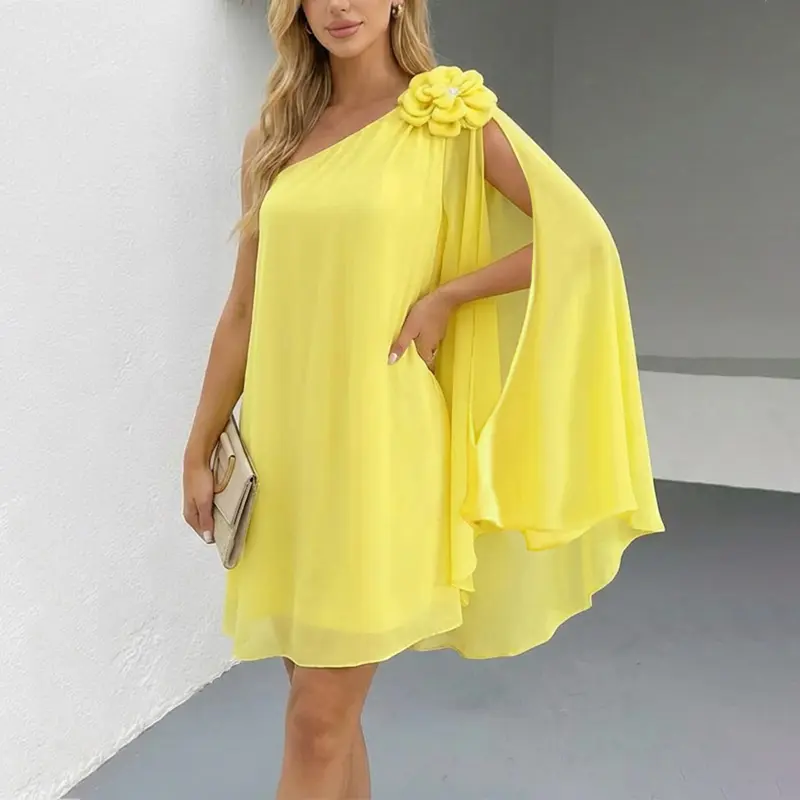 CHICME Women's 1-Shoulder Yellow Flowy 3D Flower Details A-Line Chiffon Dress - Breathable and Airy Lightweight Dress for Wedding Guest, Summer Vacation