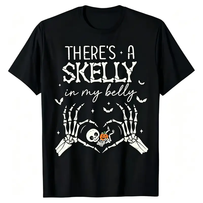 Women's Cotton-Blend Round Neck Regular Fit Maternity T-Shirt, Skeleton Print Casual Wear for Halloween Pregnancy Announcements