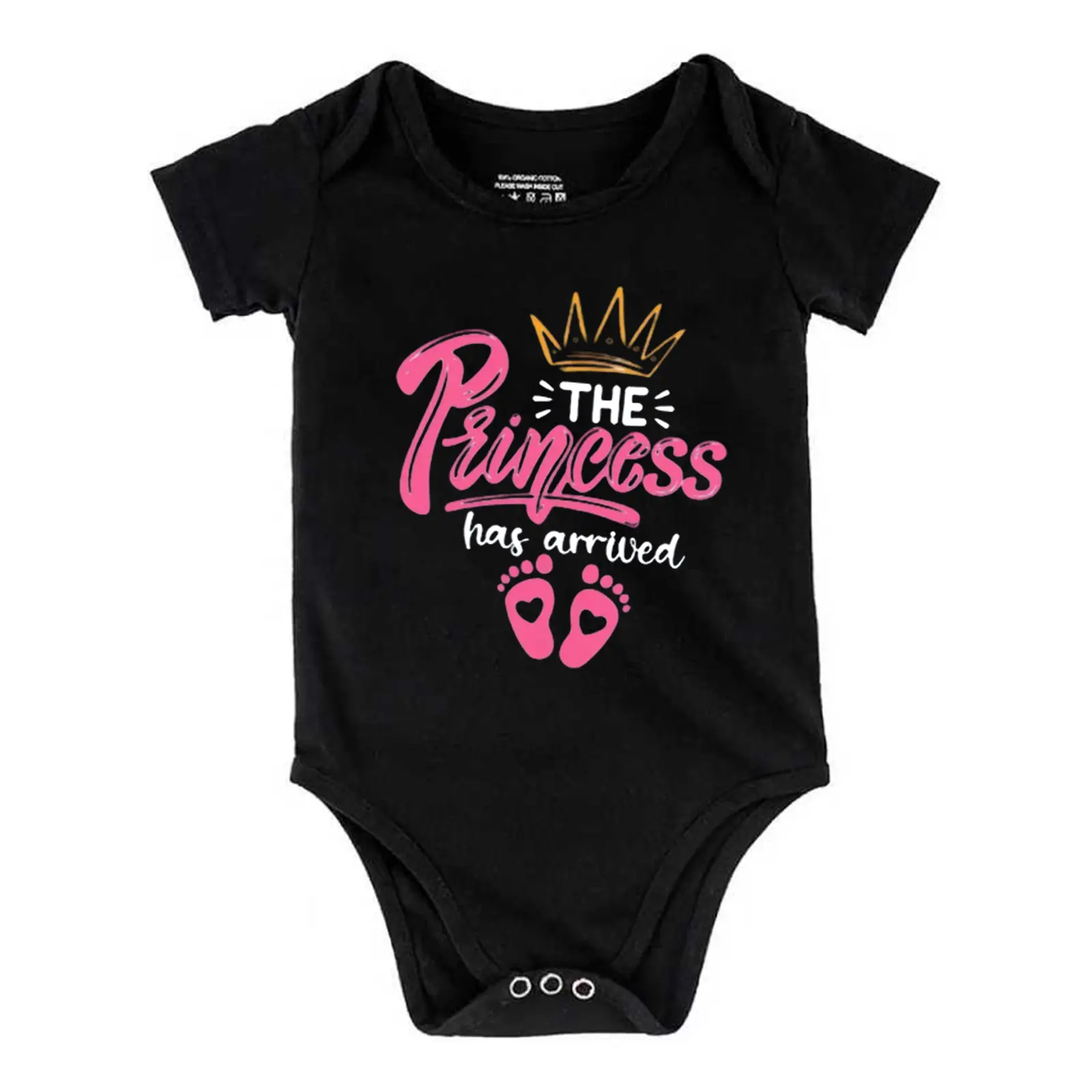 Girls' Short-Sleeve "The Princess Has Arrived" Letter Print Cotton Bodysuit - Stretch, Unisex, Loose-Fitting, Easy Snaps, Machine Washable Casual Outdoor Sleepwear Romper B1108-087