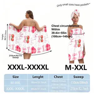 Pink Cherry Heart Checkered Bath Robe Set with Bows, Plus Size 1X-XXXXL, Matching Head Wrap, Light Gray Skirt & Sash Accessory - Perfect for Spa, Bath Time, or Romantic Valentine's Day Getaway