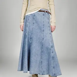 URBAN REVIVO Women's UPGRADED Lightweight Stretch Denim Maxi Skirt, Summer Breathable Cotton Blend A-Line Skirt with Belt, Elastic Waist High Waisted Long Jean Skirt  UWM860200