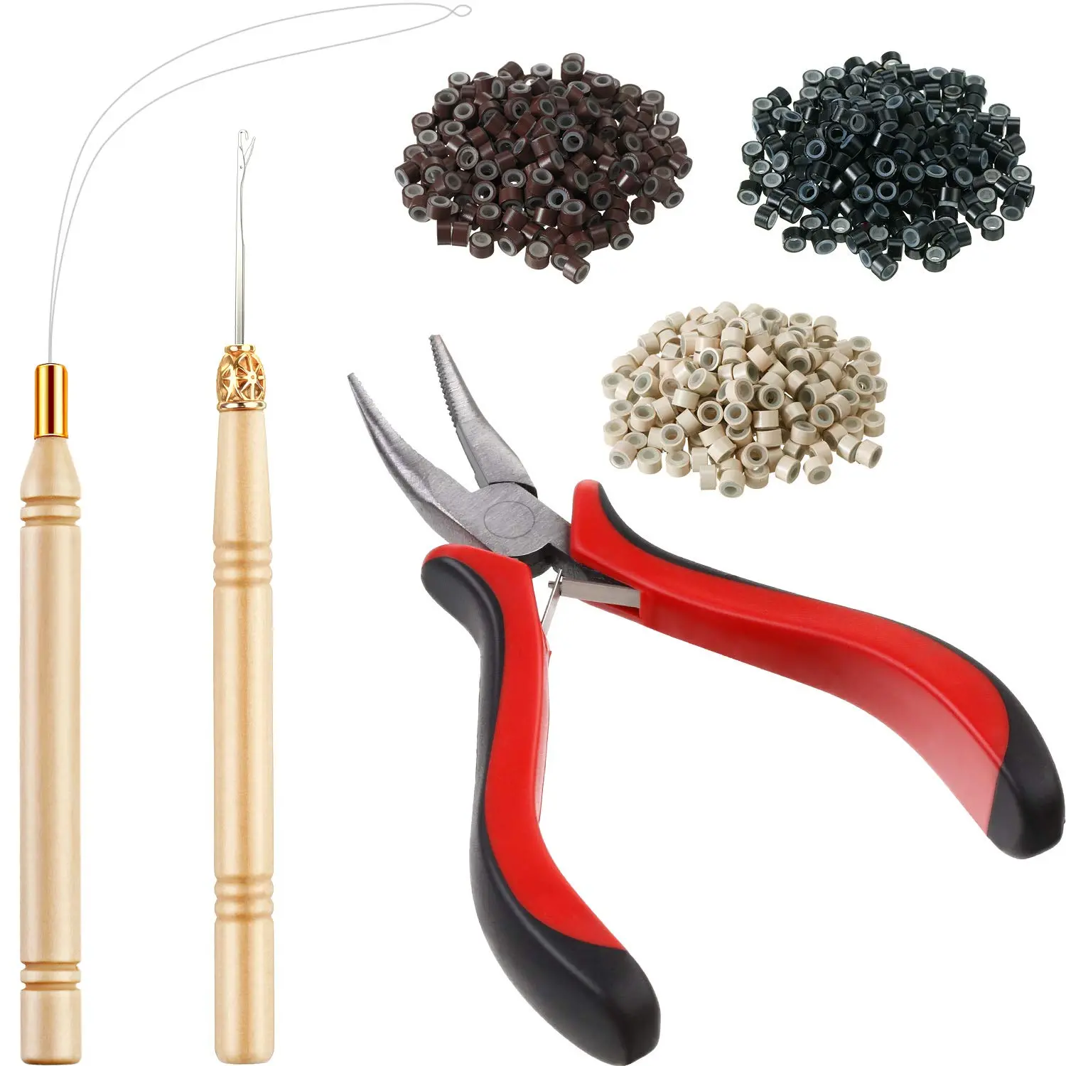 600-Piece Anti-Slip Hair Extension Tool Kit with Soft Silicone Beads Lining, Curved Head Plier, Hook, Needle, 3 Different Colors (Black, Blonde, Brown) - Comfortable to Use, Easy Removal, Practical for Barbershop Hair Extension Tasks