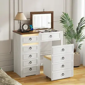 MIU 3 in 1 Vanity Desk, Compact Makeup Table with 3 Drawers, Power Outlet & Body Sensor, Dresser with Flip-up 3- Color Lighting Mirror and Storage Stool, Vanities Nightstand Perfect for Bedroom