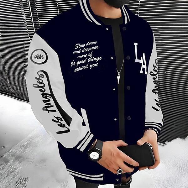 LA-Inspired Varsity Jacket for Men - "Slow Down" Graphic, Trendy Baseball Coat
