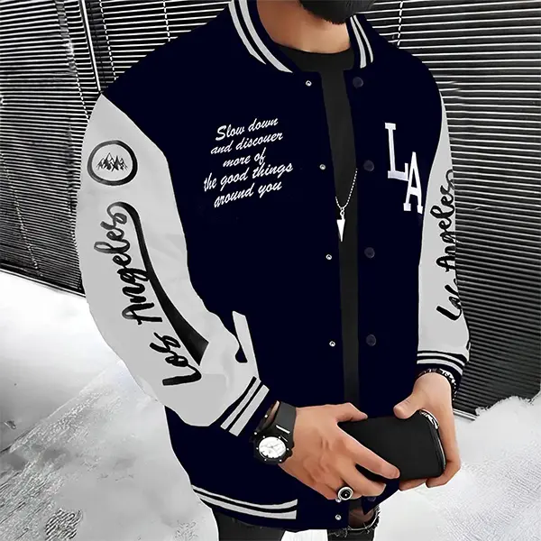 LA-Inspired Varsity Jacket for Men - "Slow Down" Graphic, Trendy Baseball Coat