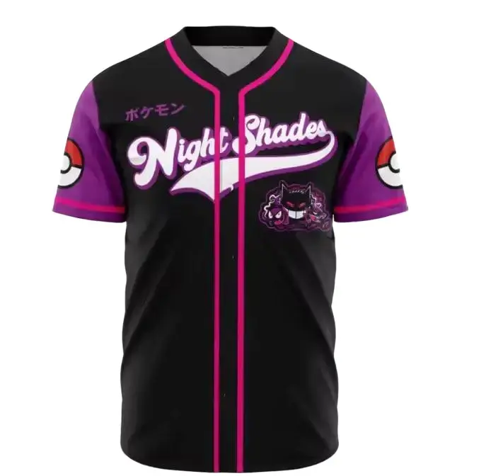 Poketmon Koffing Neon Cyberpunk Purple Graphic V Neck Jersey Oversized Anime Short Sleeve Shirt for Men Women
