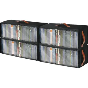 4 Pack Stackable CD Storage Box Oxford Fabric CD Case Holder with Front Zippered Clear Window and Handles, 15.7 x 6.1 x 5.3 Inches CD Tower Rack Holds Up to 148 CDs Black 4 Pack