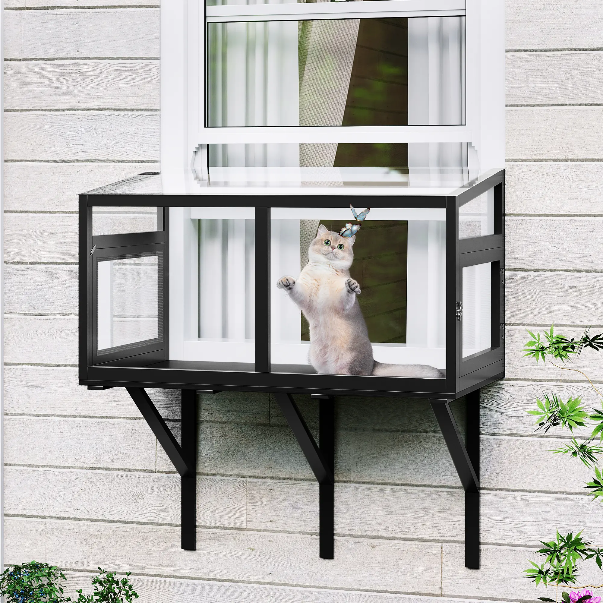Gaomon Indoor Wood Catio Box with Acrylic Panels, Mosquito-Proof Window-Mount Cat Perch for Sunbathing, Birdwatching, Napping (Fits 24"-38" Windows)